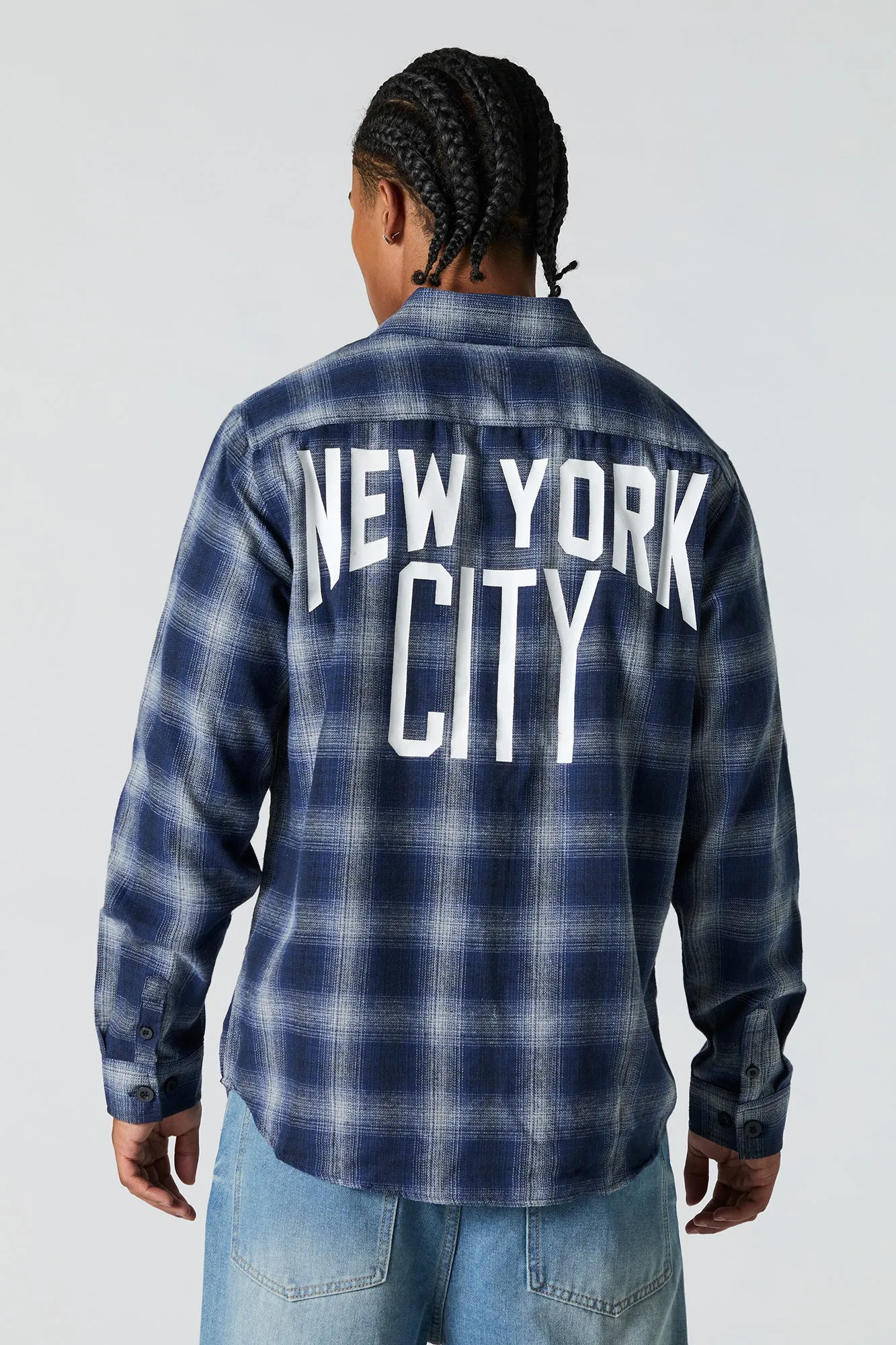NYC Graphic Plaid Button-Up Top sold by Urban Planet