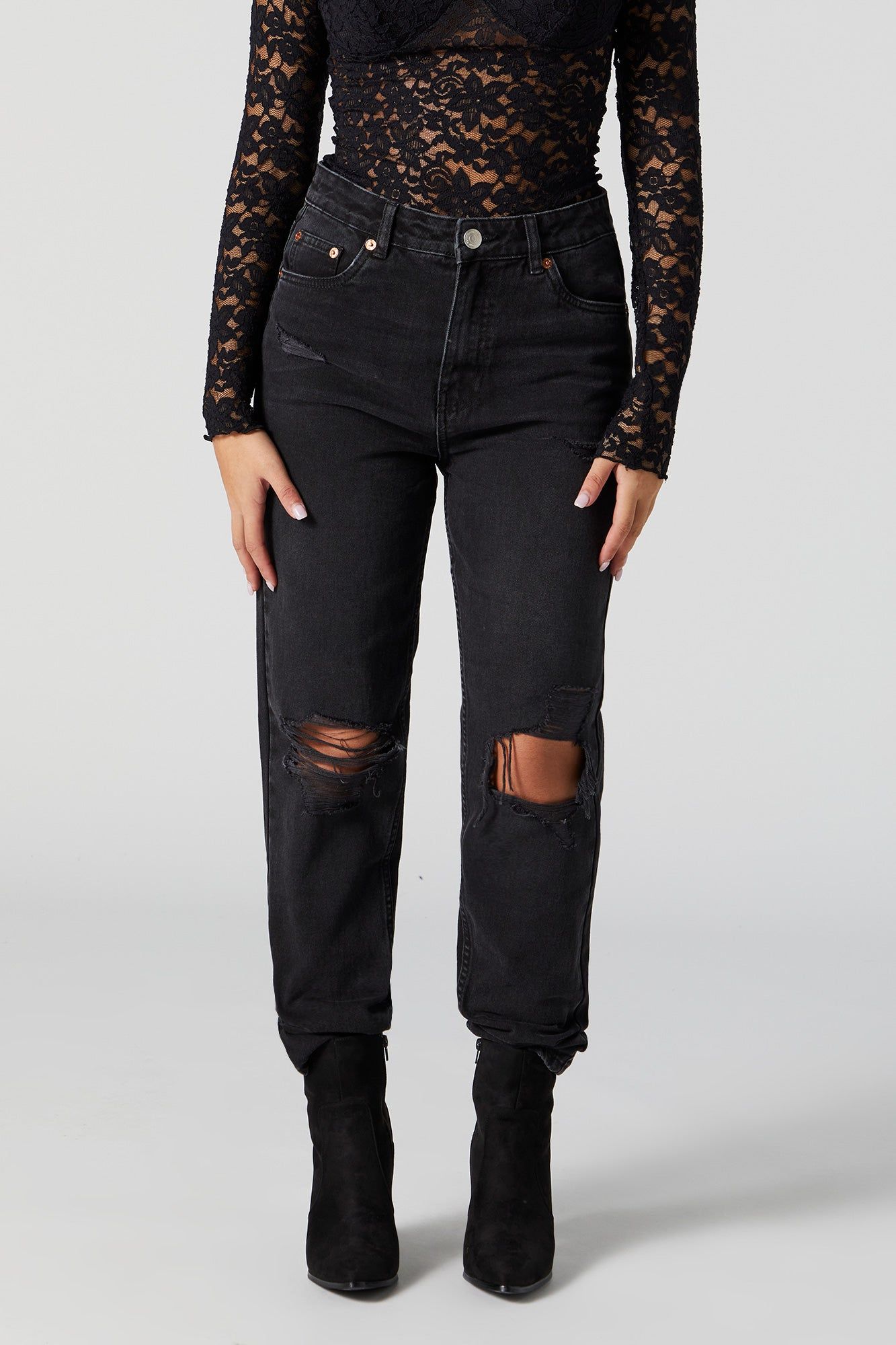 High Rise Black Wash Distressed Mom Jean sold by Urban Planet product image thumbnail 2