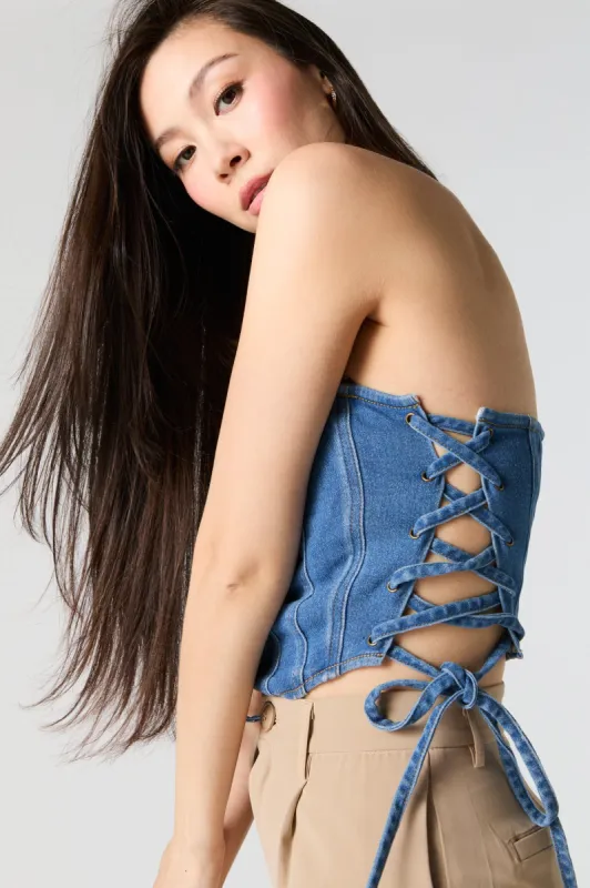 Denim Lace-Up Strapless Corset Top made by Urban Planet
