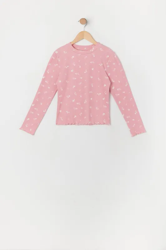 Girls Pink Floral Ribbed Lettuce Trim Long Sleeve Top sold by Urban Planet