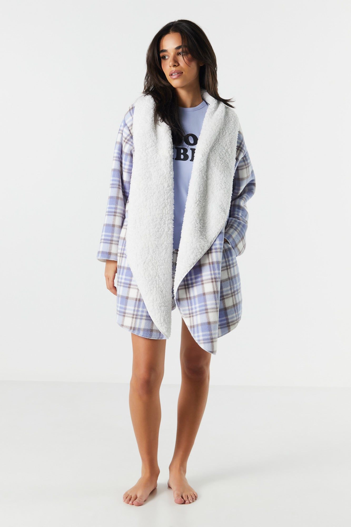Blue Plaid Print Sherpa Collared Lounge Cardigan sold by Urban Planet