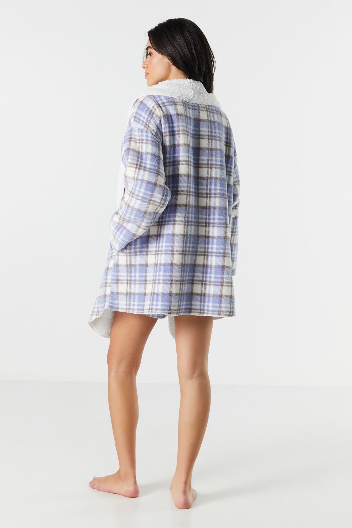 Blue Plaid Print Sherpa Collared Lounge Cardigan sold by Urban Planet product image thumbnail 2