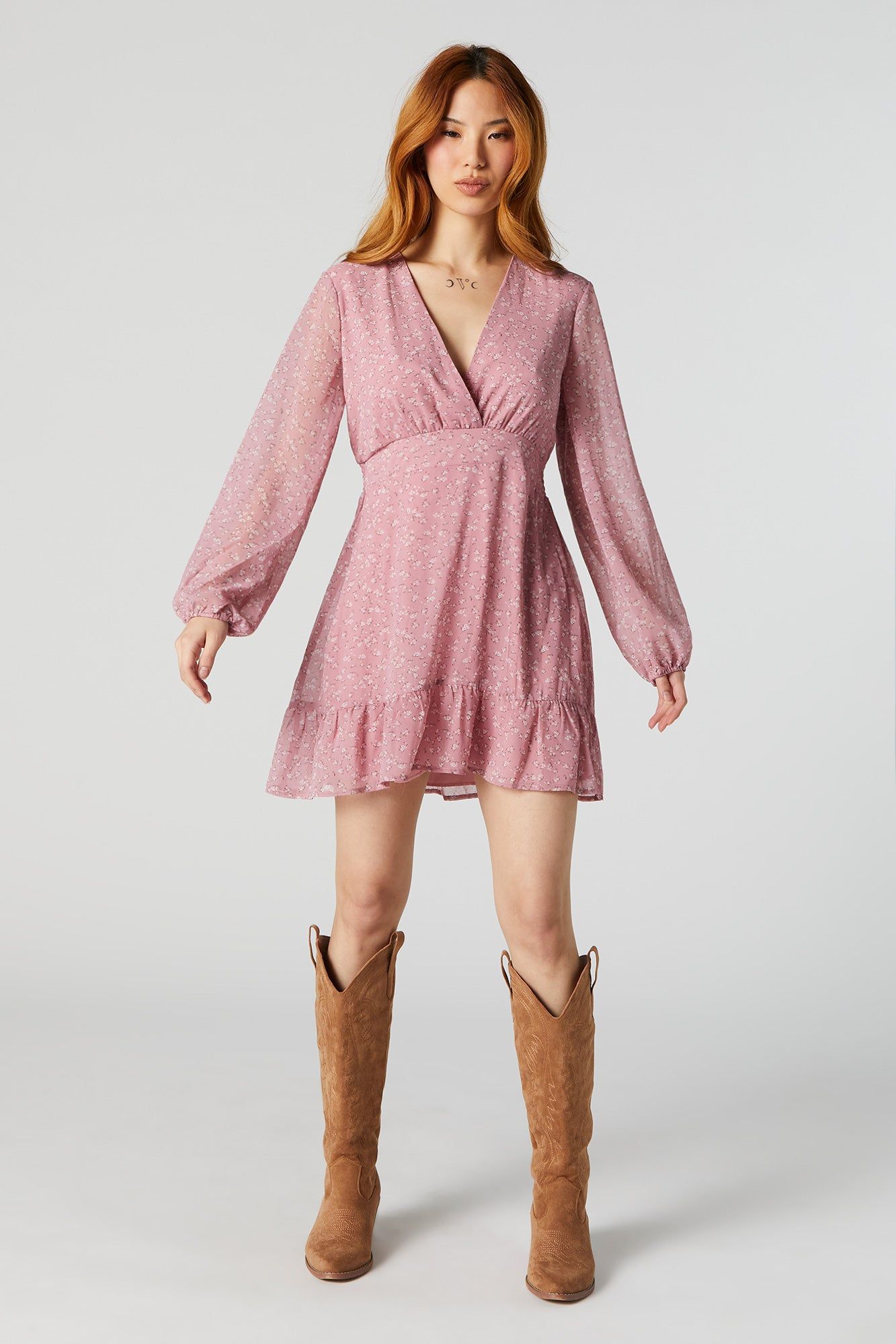 Pink Floral Chiffon Surplice Long Sleeve Mini Dress sold by Urban Planet product image thumbnail 3