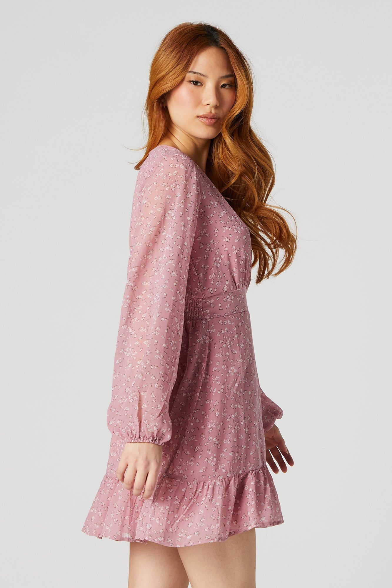 Pink Floral Chiffon Surplice Long Sleeve Mini Dress sold by Urban Planet product image thumbnail 2
