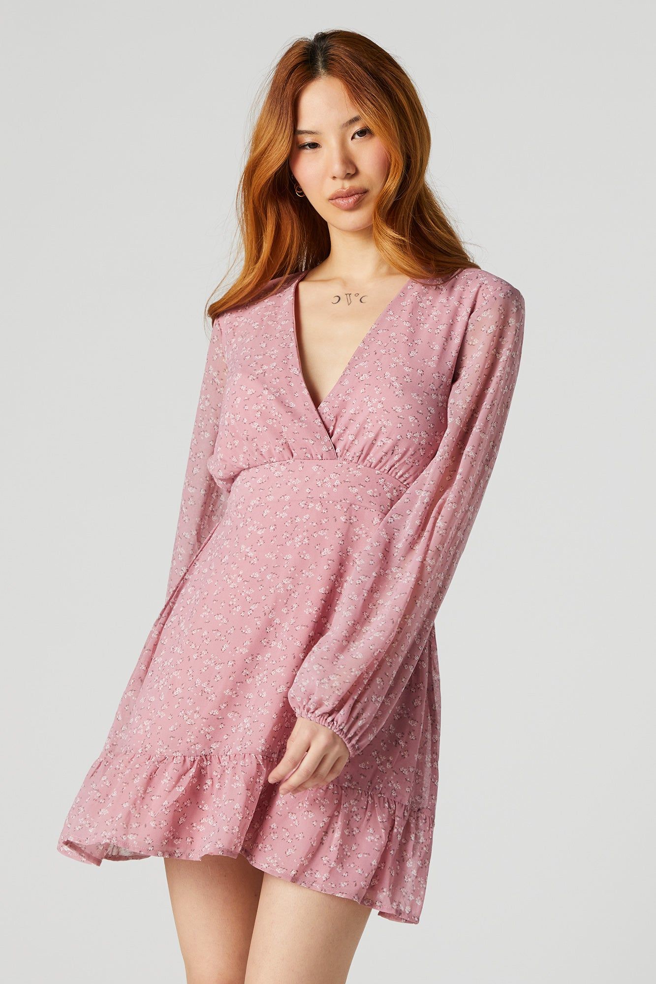 Pink Floral Chiffon Surplice Long Sleeve Mini Dress sold by Urban Planet
