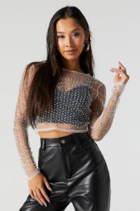 Rhinestone Mesh Long Sleeve Top sold by Urban Planet