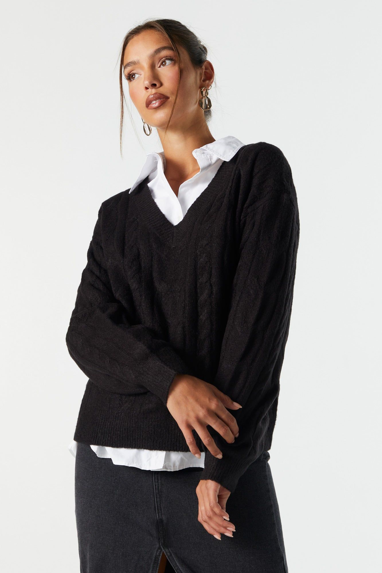 V-Neck Cable Knit Sweater sold by Urban Planet product image thumbnail 4