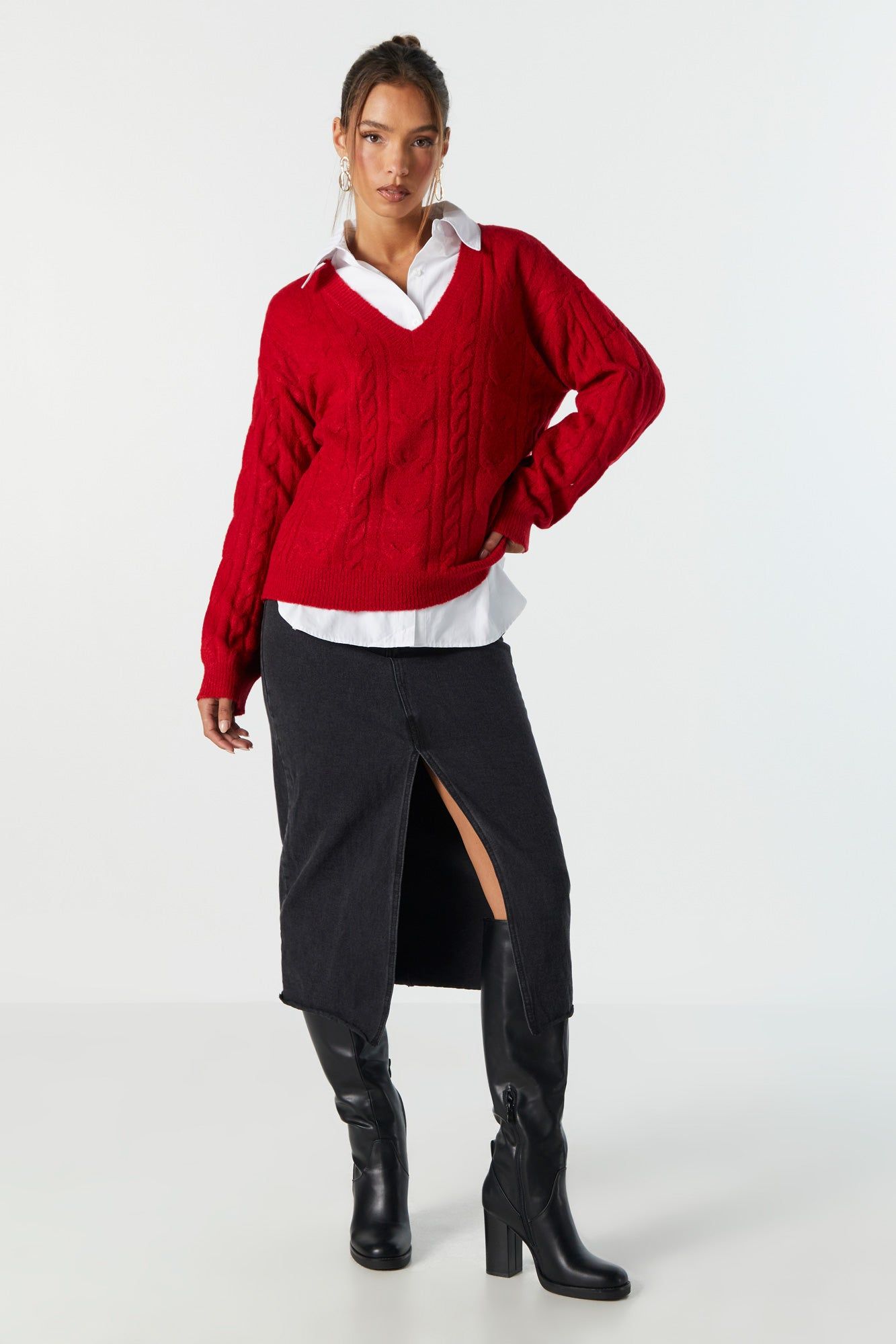 V-Neck Cable Knit Sweater sold by Urban Planet product image thumbnail 3