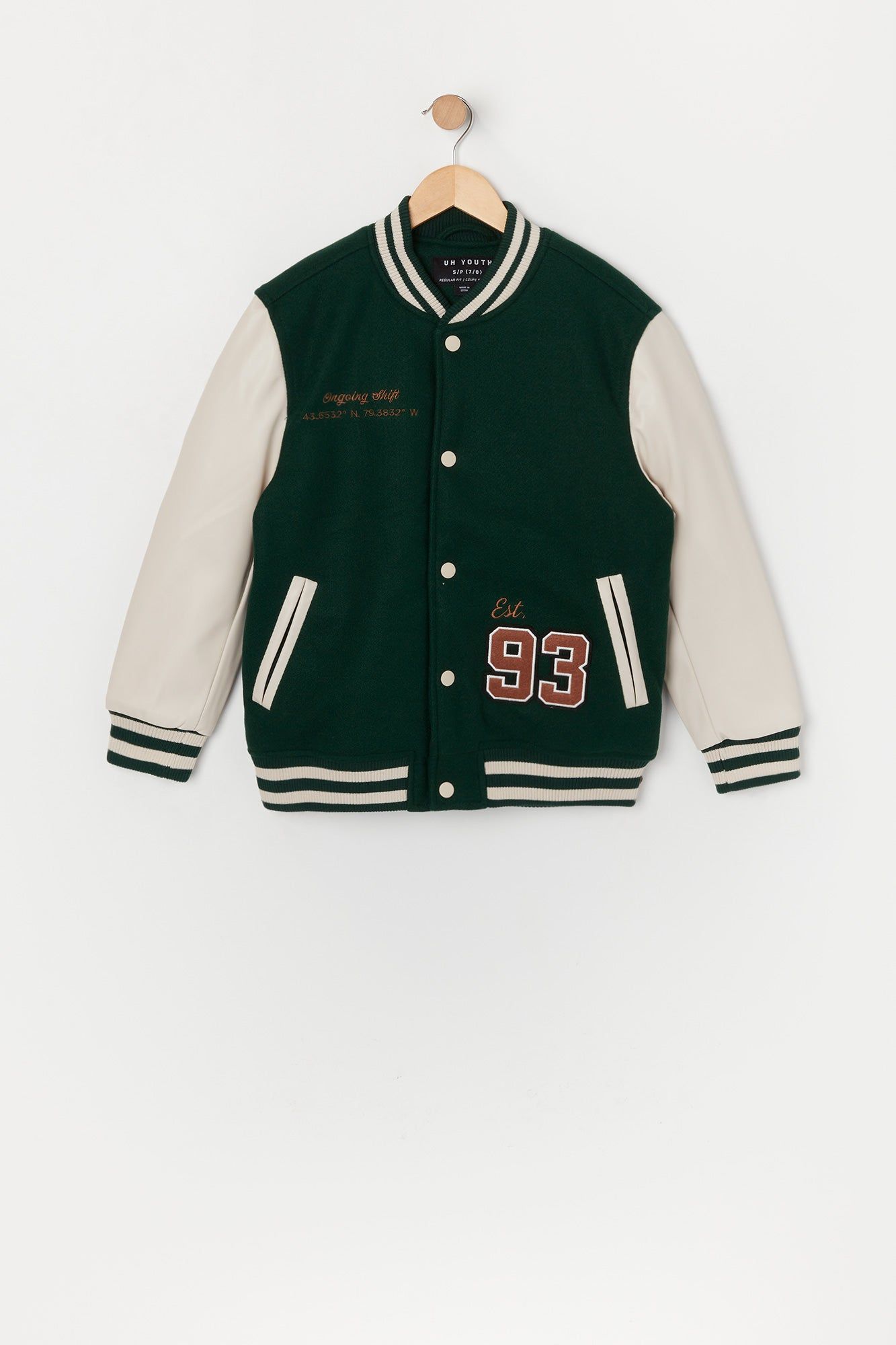 Boys 93 Faux Leather Varsity Jacket sold by Urban Planet