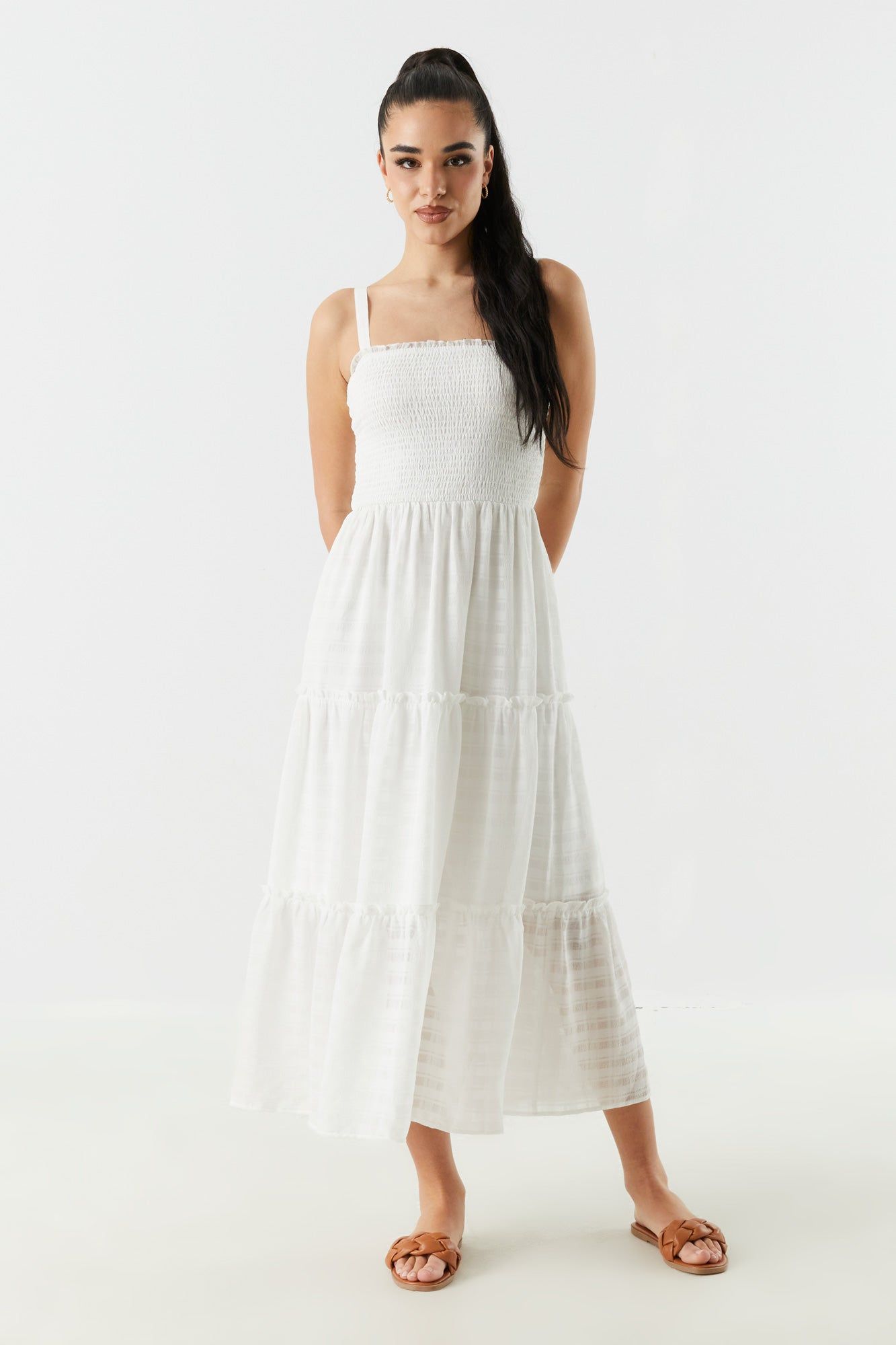 Textured Smocked Tiered Maxi Dress sold by Urban Planet