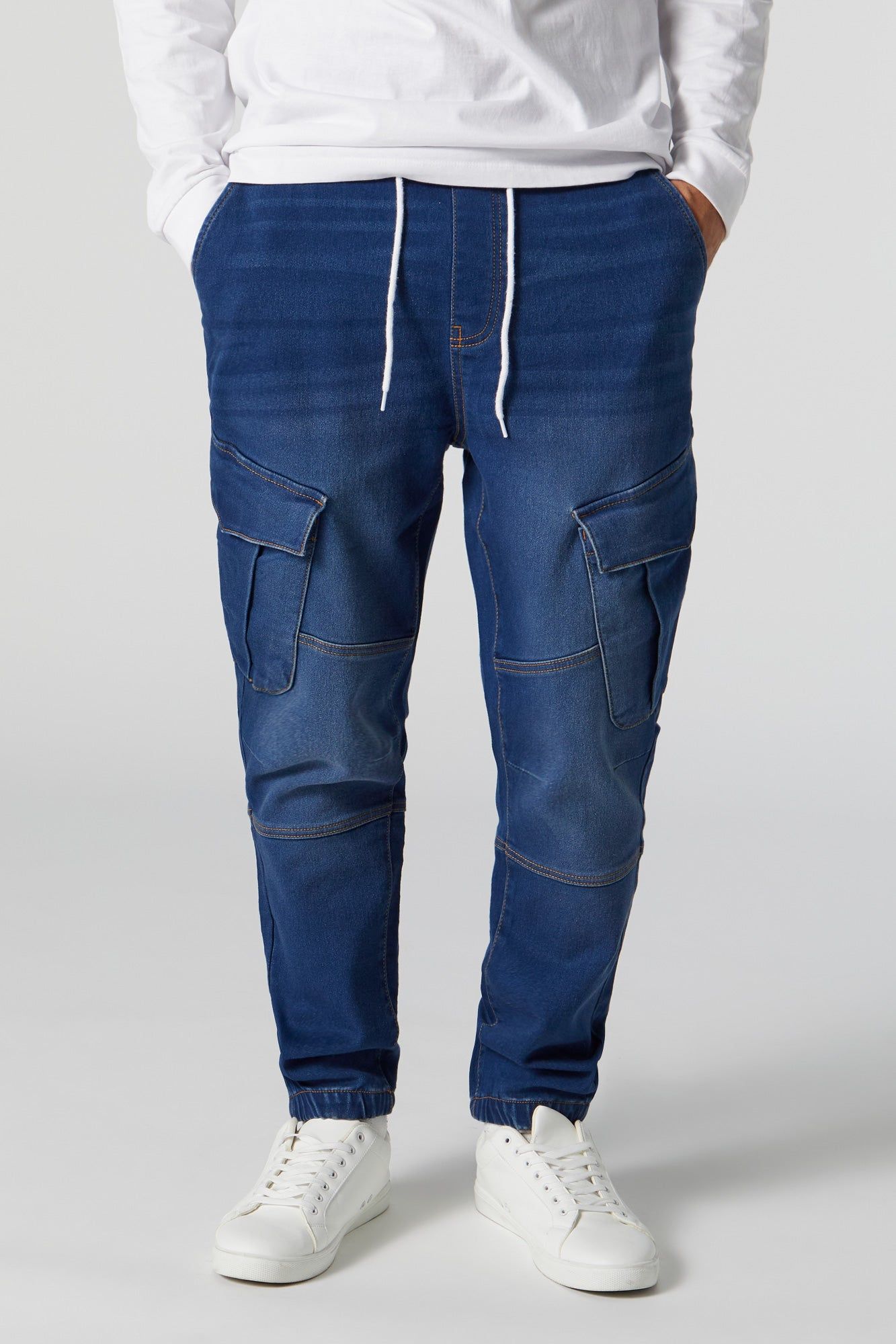 Dark Wash Denim Cargo Jogger sold by Urban Planet