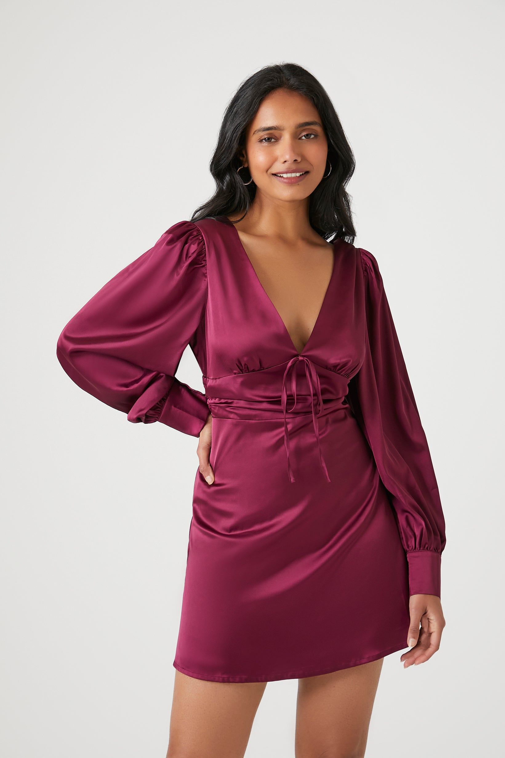 Plunging Satin Tie-Front Mini Dress sold by Urban Planet