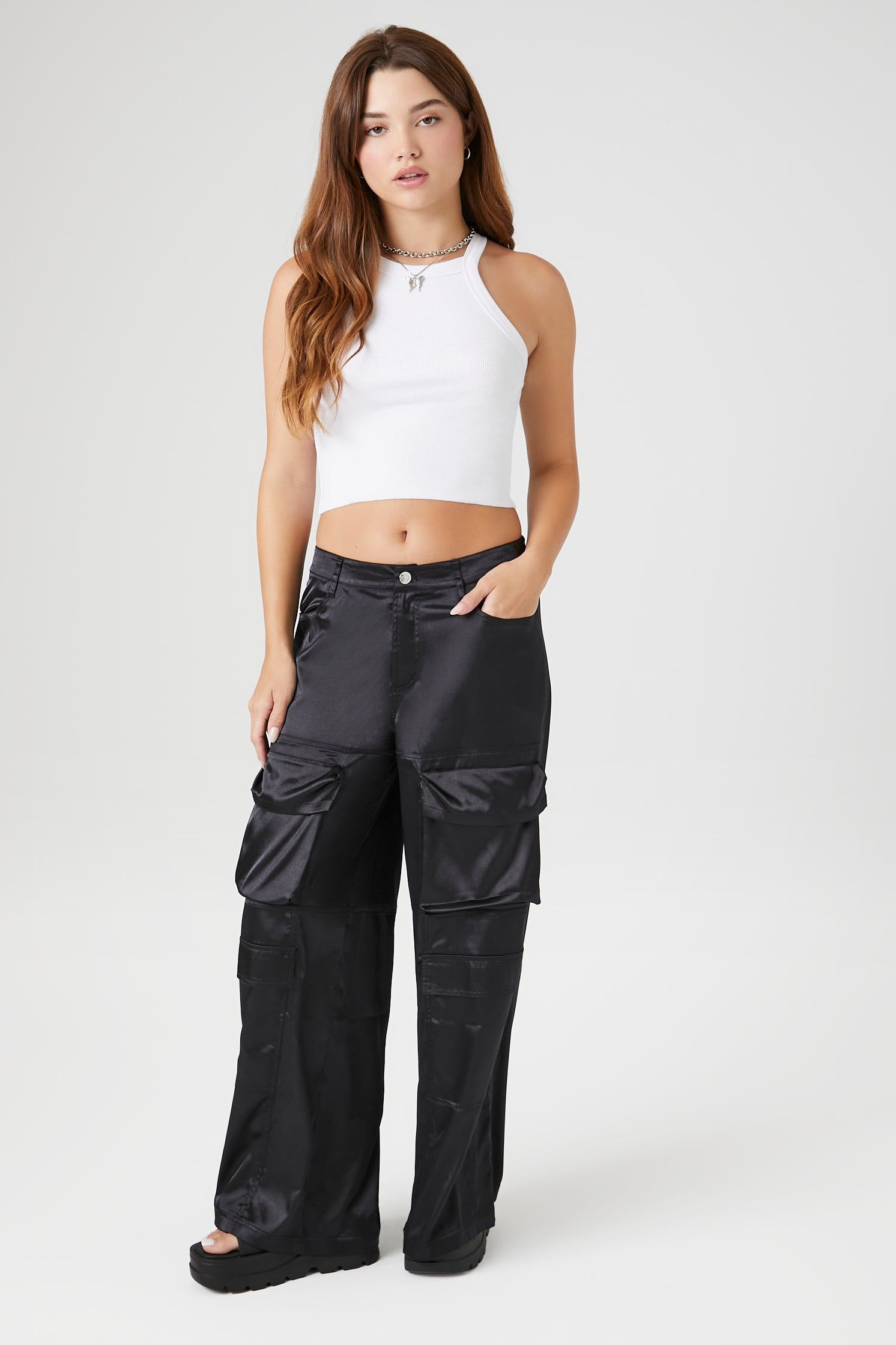 Satin Wide Leg Cargo Pant sold by Urban Planet