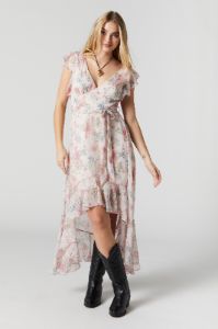 Robe midi asymétrique fleurie blanche avec attache sold by Urban Planet