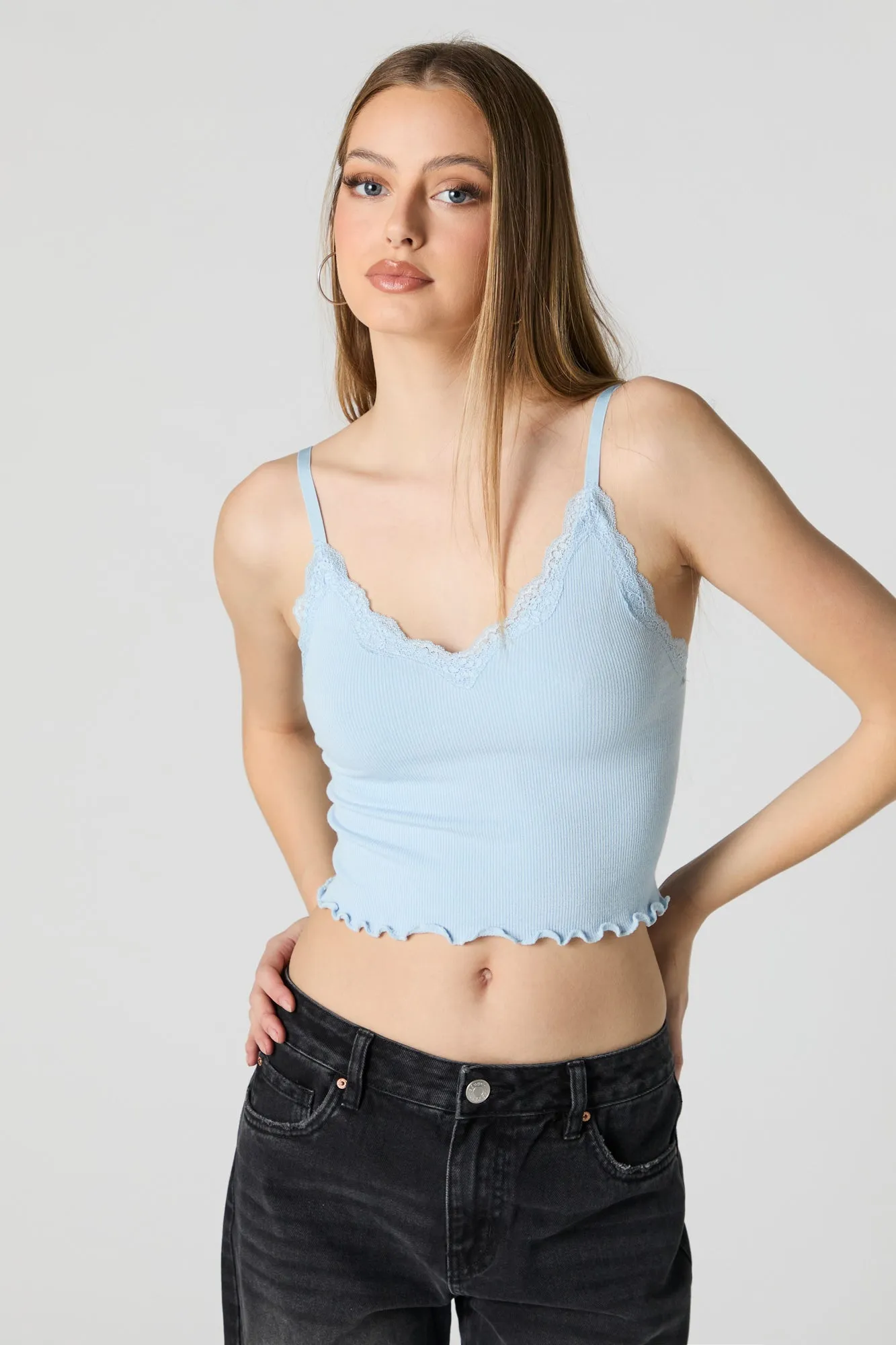 Camisole côtelé avec ourlet volanté en dentelle sold by Urban Planet product image thumbnail 5