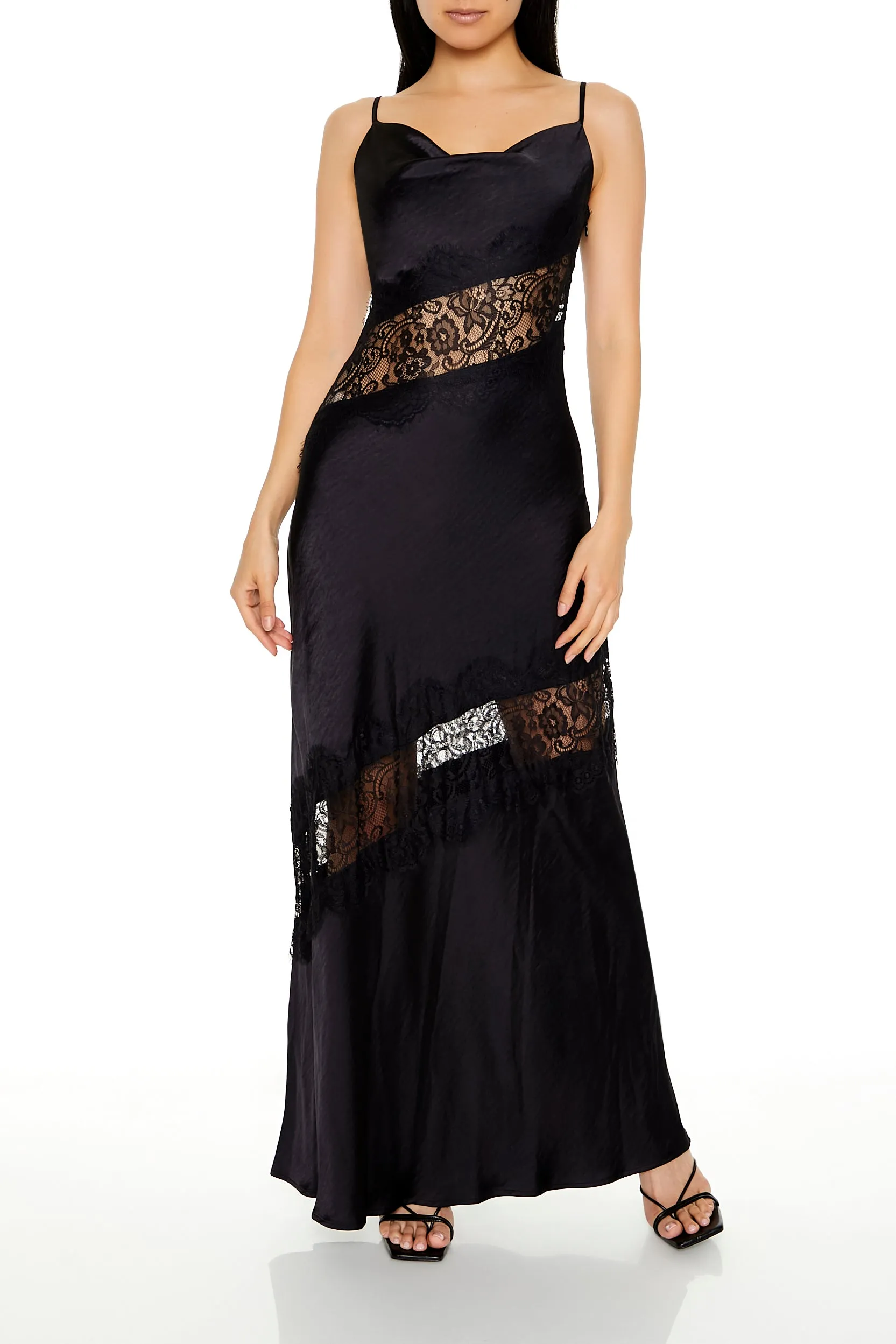 Satin Lace Trim Cowl Maxi Dress sold by Urban Planet