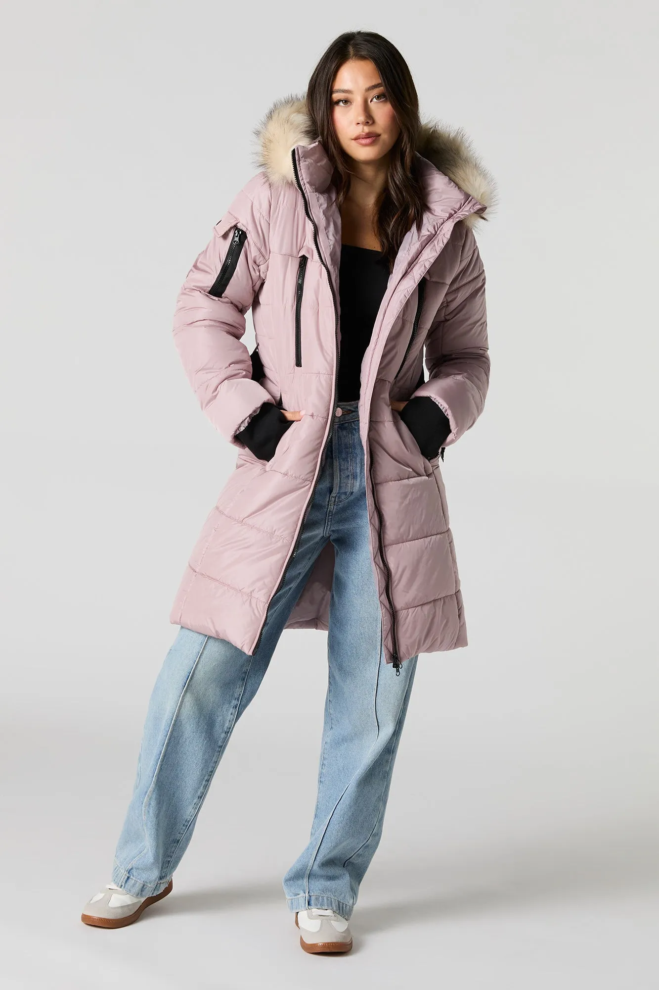 Blouson bouffant long à capuchon en similifourrure avec ceinture sold by Urban Planet product image thumbnail 3