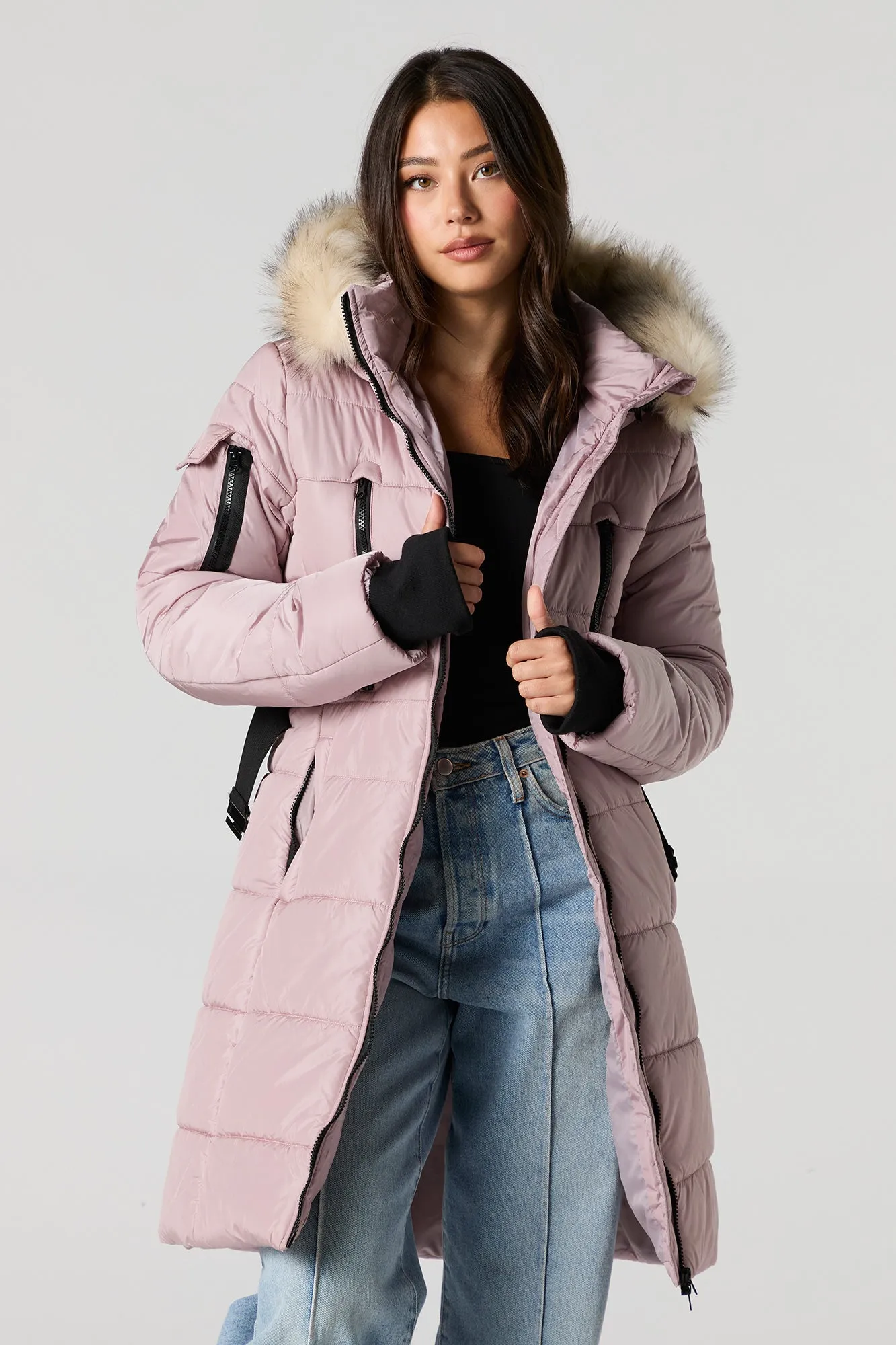 Blouson bouffant long à capuchon en similifourrure avec ceinture sold by Urban Planet