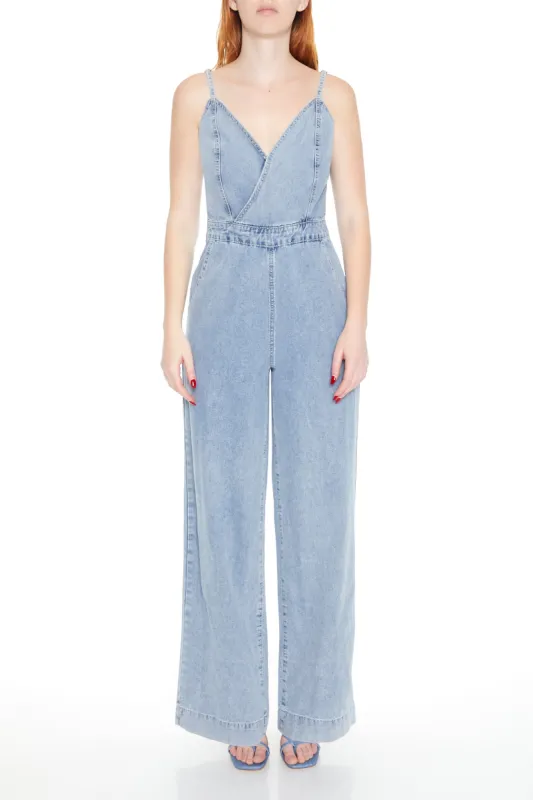 Denim Surplice Wide Leg Jumpsuit sold by Urban Planet