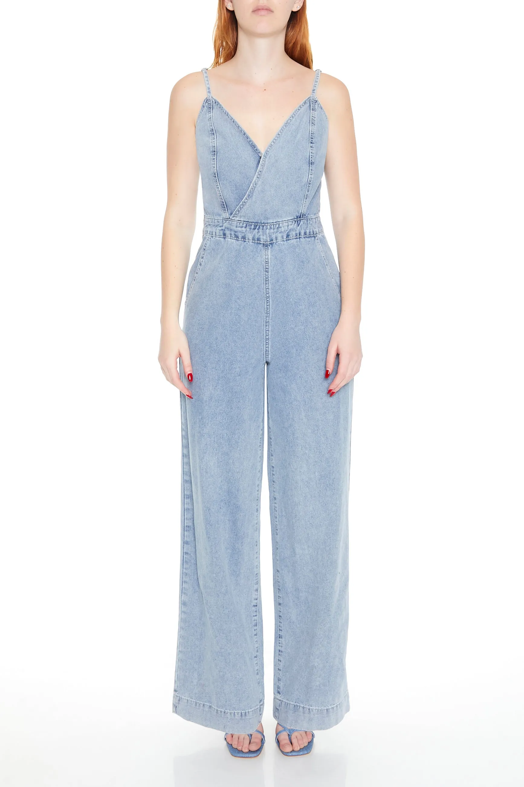 Denim Surplice Wide Leg Jumpsuit sold by Urban Planet