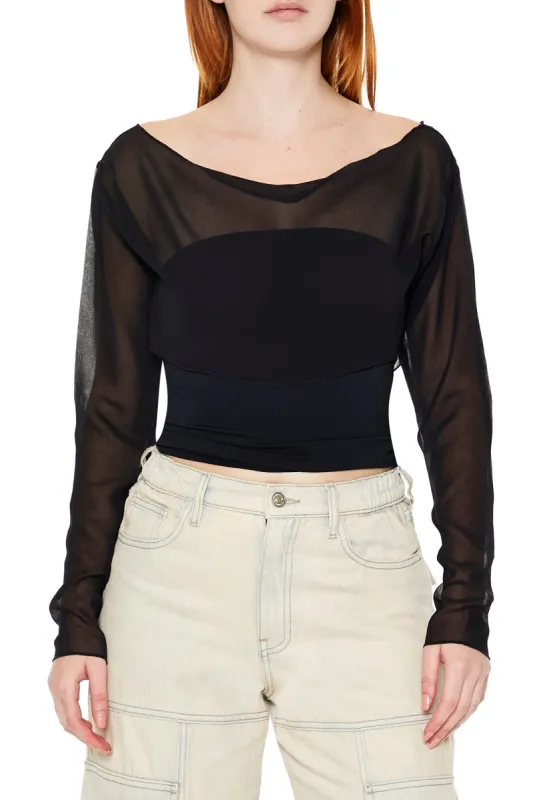 Chiffon Boat Neck Long Sleeve Crop Top made by Forever 21