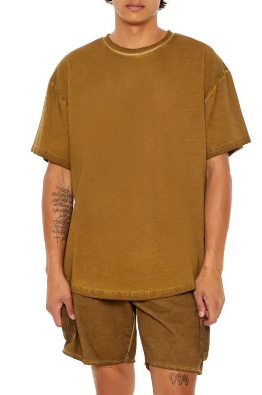 Oil Wash Curved Hem T-Shirt sold by Urban Planet