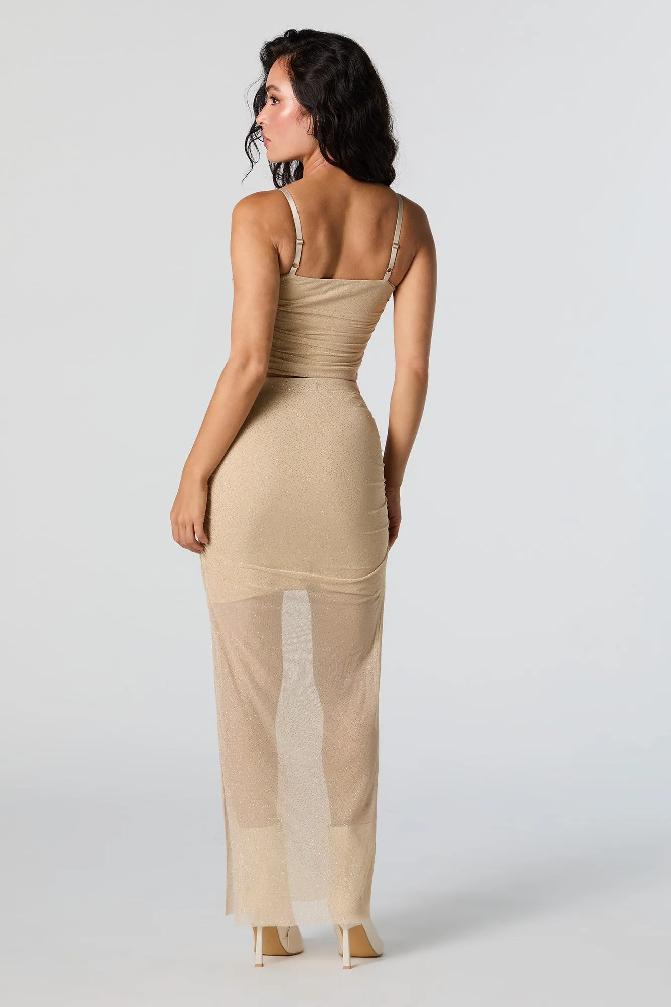 Jupe midi ruchée en filet scintillant avec fente sold by Urban Planet product image thumbnail 3