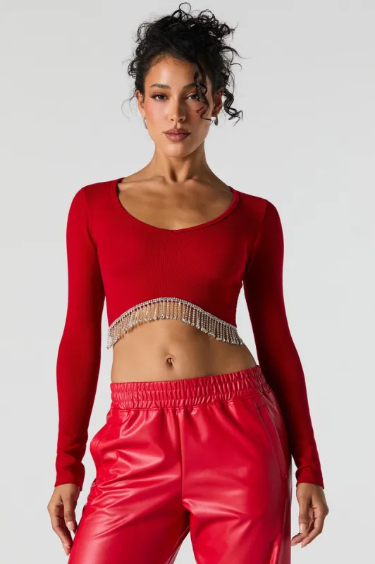 Rhinestone Fringe Ribbed Long Sleeve Top sold by Urban Planet