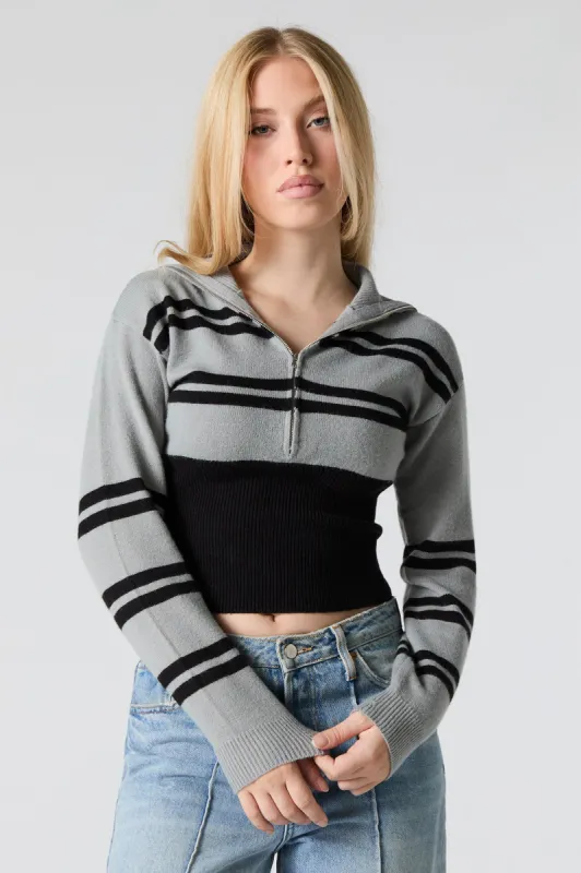 Colourblock Striped Knit Quarter Zip Sweater sold by Urban Planet
