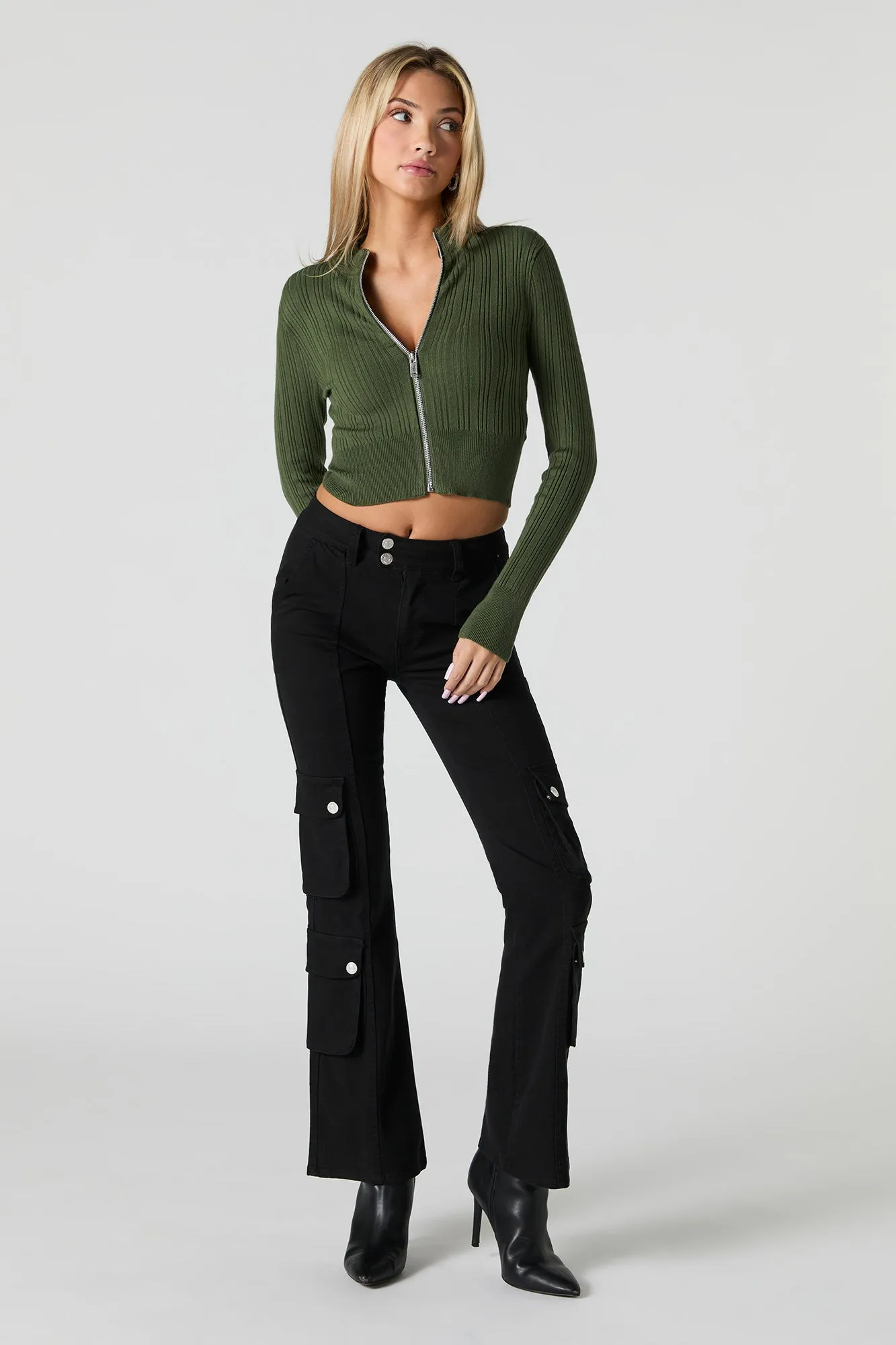 Ribbed Knit Zip-Up Cropped Sweater sold by Urban Planet product image thumbnail 3