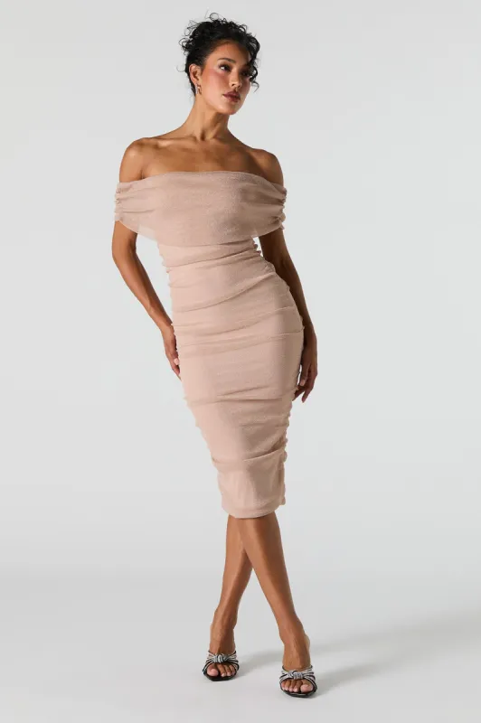Sparkle Off Shoulder Ruched Midi Dress sold by Urban Planet