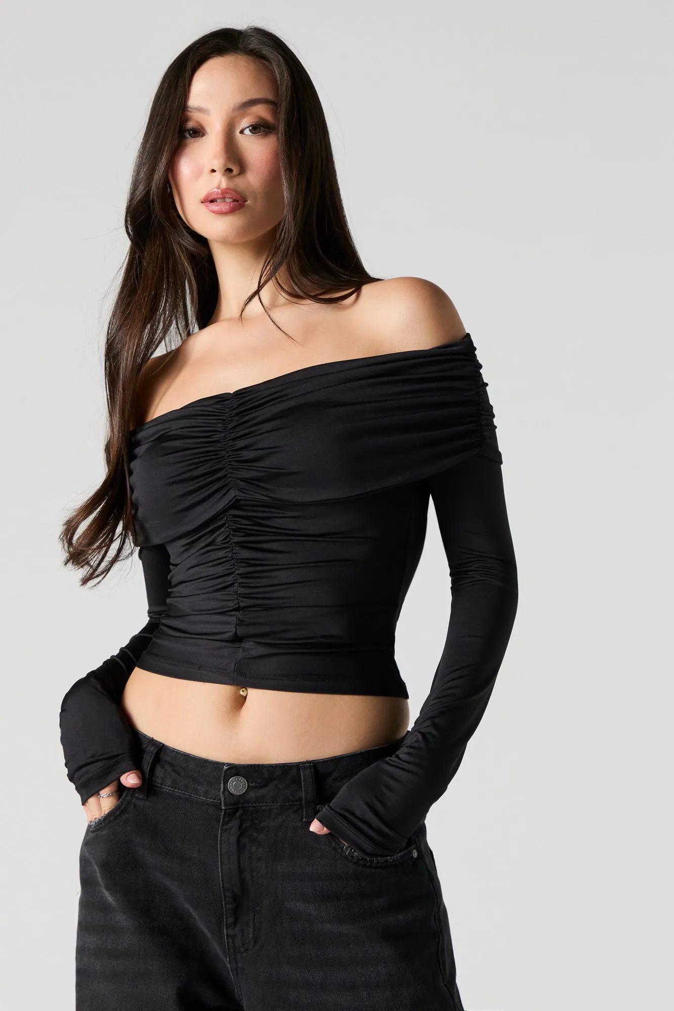 Ruched Off Shoulder Long Sleeve Top sold by Urban Planet
