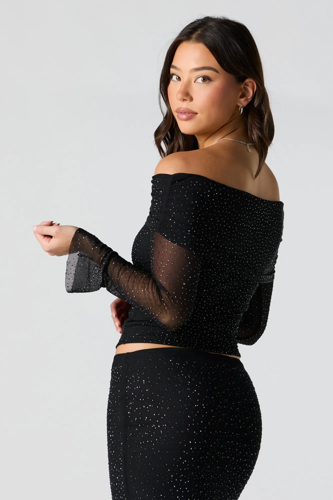 Rhinestone Mesh Off Shoulder Long Sleeve Top sold by Urban Planet product image thumbnail 5