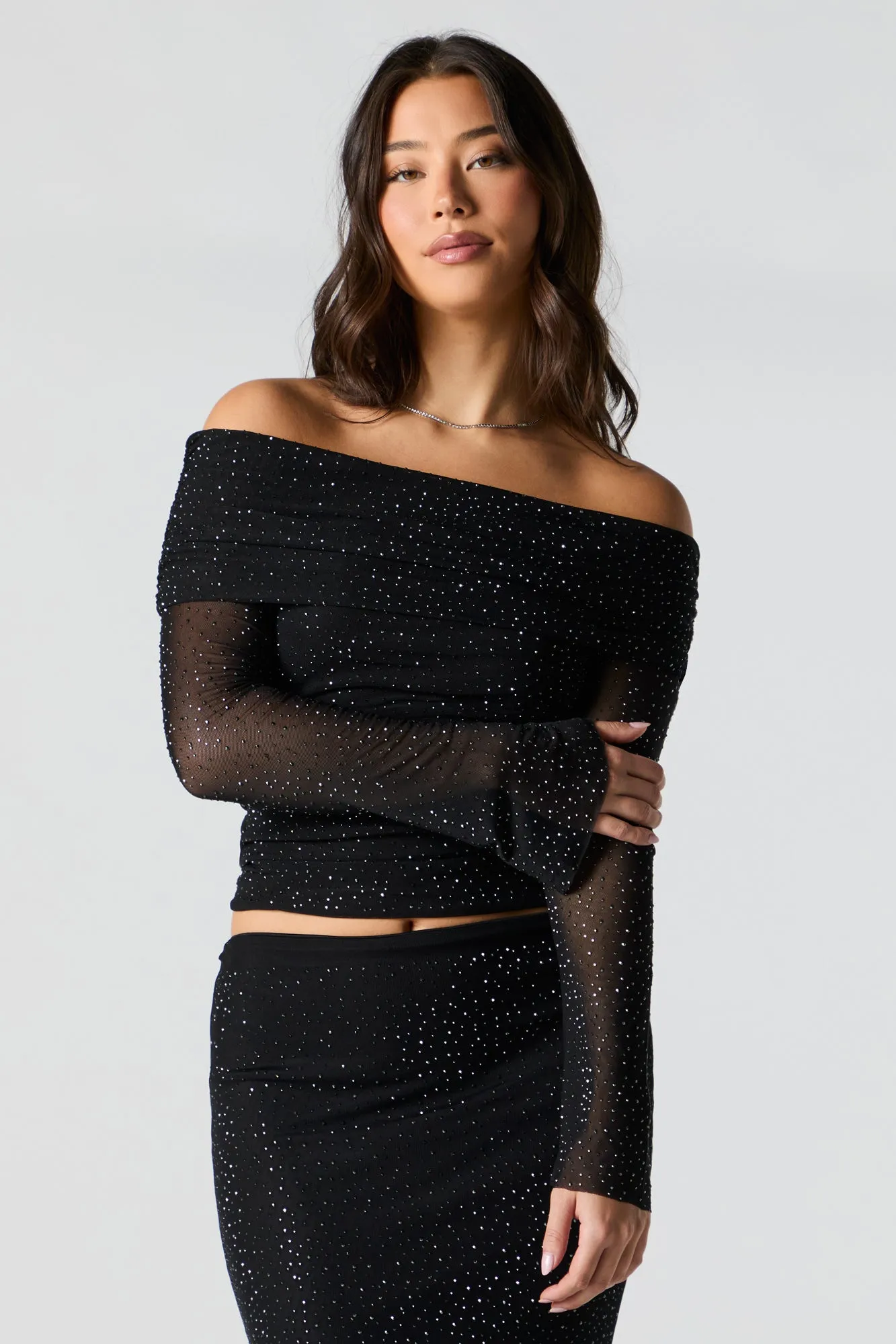 Rhinestone Mesh Off Shoulder Long Sleeve Top sold by Urban Planet product image thumbnail 4