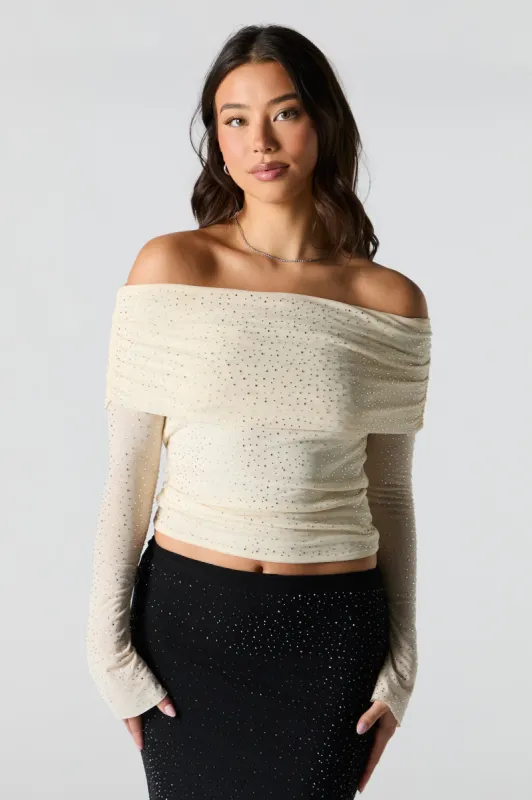 Rhinestone Mesh Off Shoulder Long Sleeve Top sold by Urban Planet