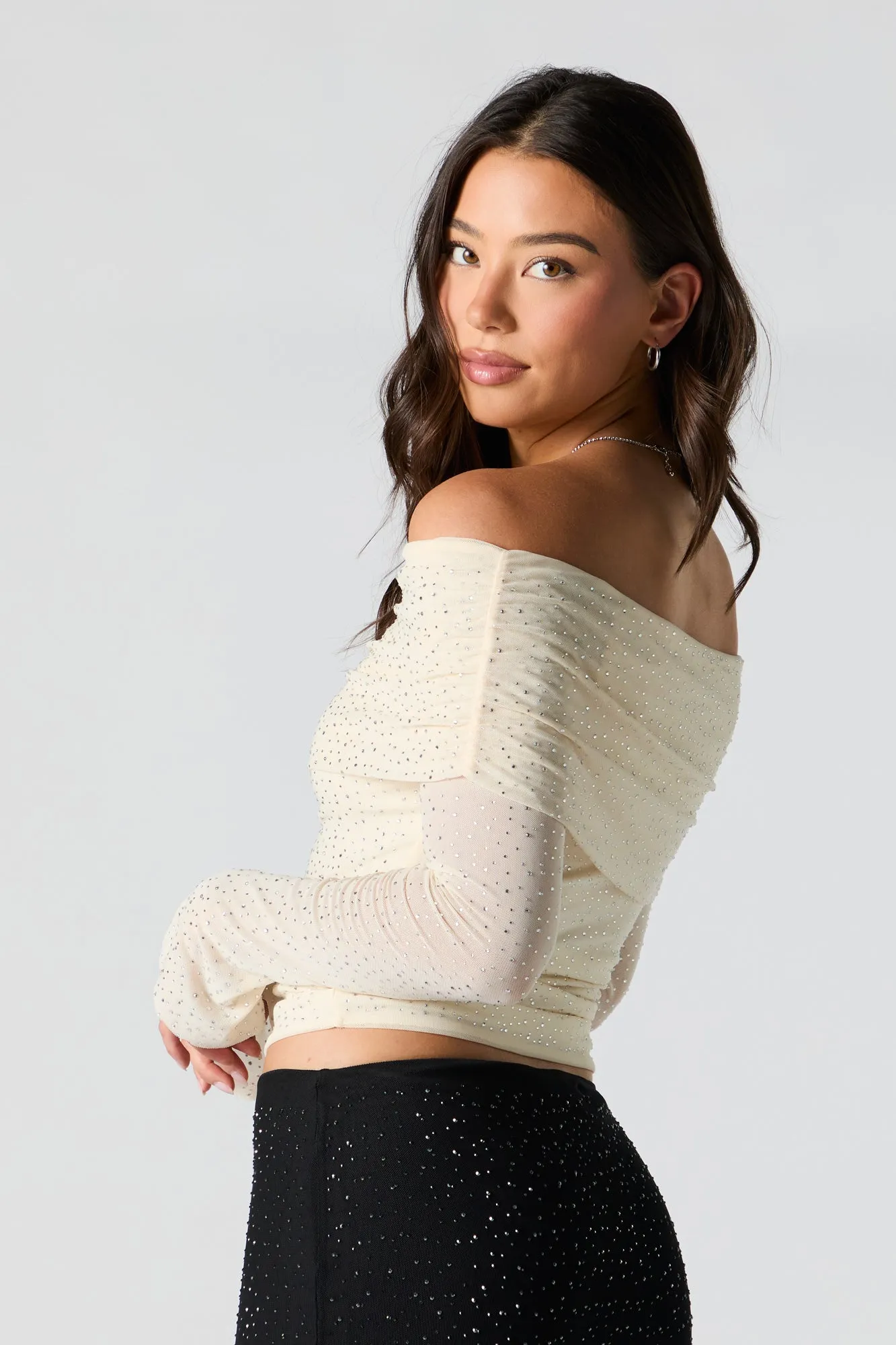 Rhinestone Mesh Off Shoulder Long Sleeve Top sold by Urban Planet product image thumbnail 2