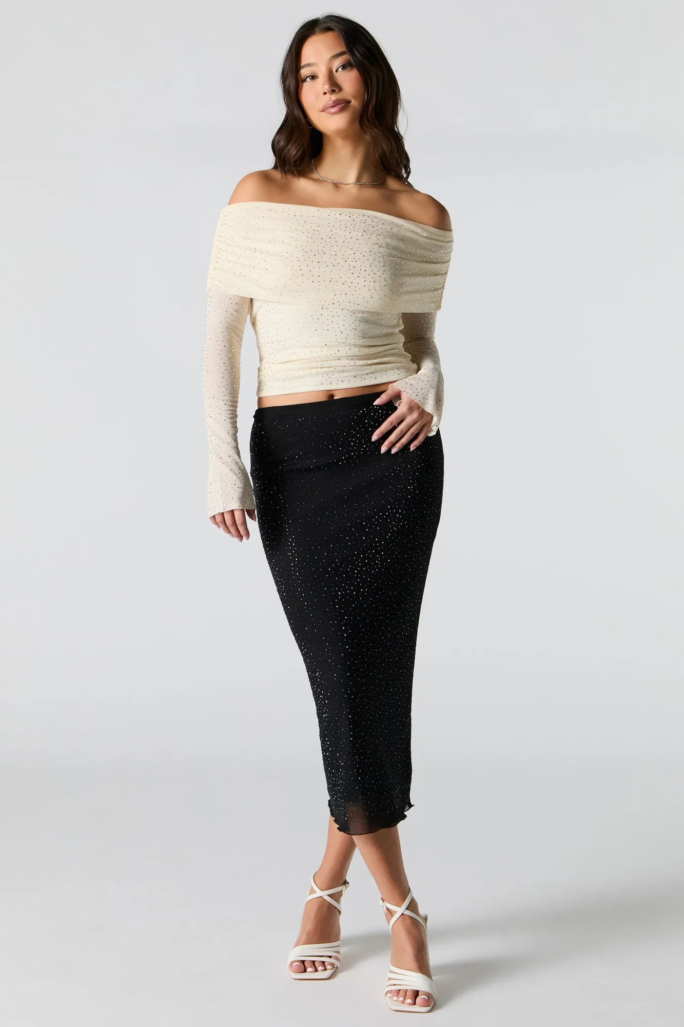 Haut à manches longues avec épaules dénudées en filet avec pierres du Rhin sold by Urban Planet product image thumbnail 3