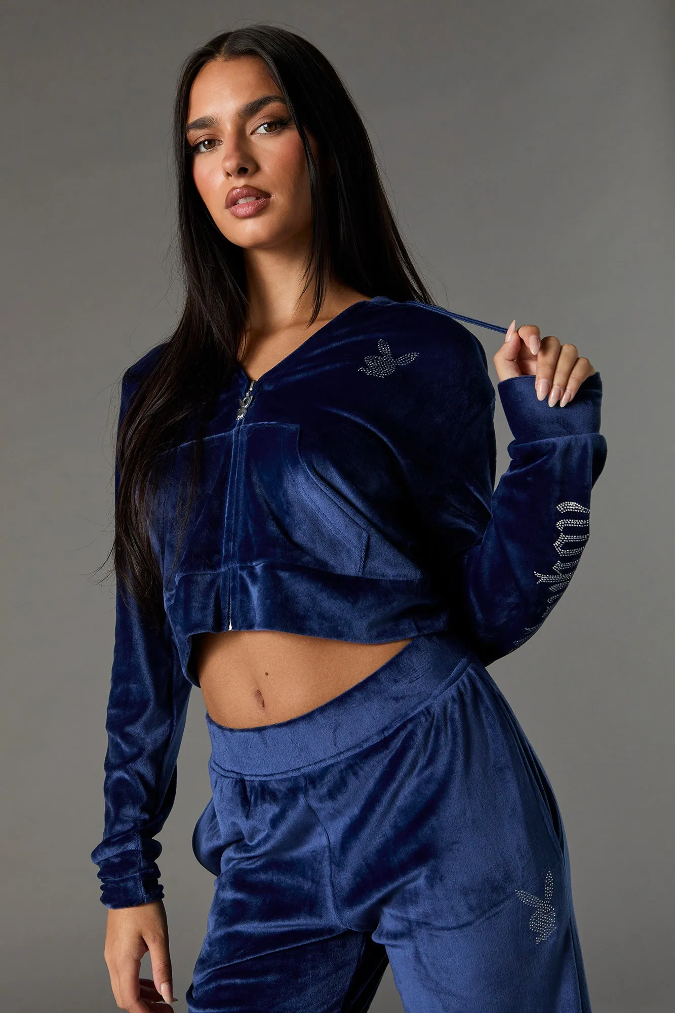 Playboy Rhinestone Velour Zip-Up Hoodie sold by Urban Planet
