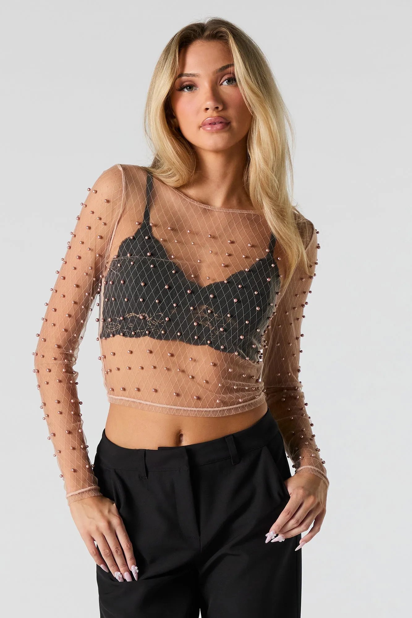 Mesh Faux Pearl Long Sleeve Top sold by Urban Planet product image thumbnail 5