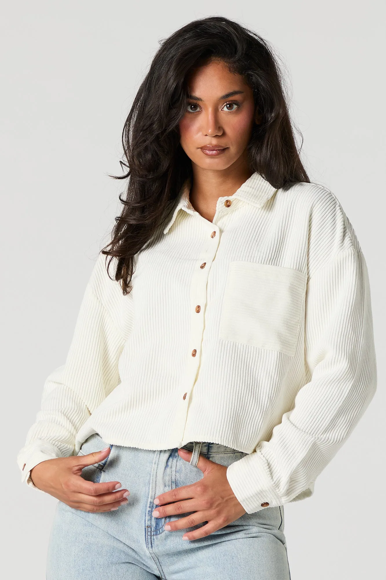 Corduroy Cropped Button-Up Top sold by Urban Planet
