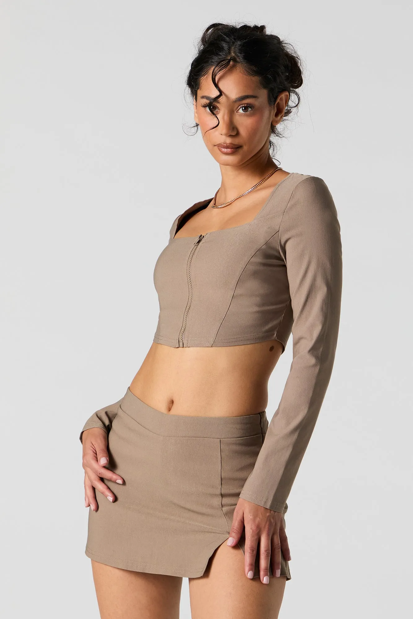 Zip-Up Corset Long Sleeve Crop Top sold by Urban Planet product image thumbnail 4