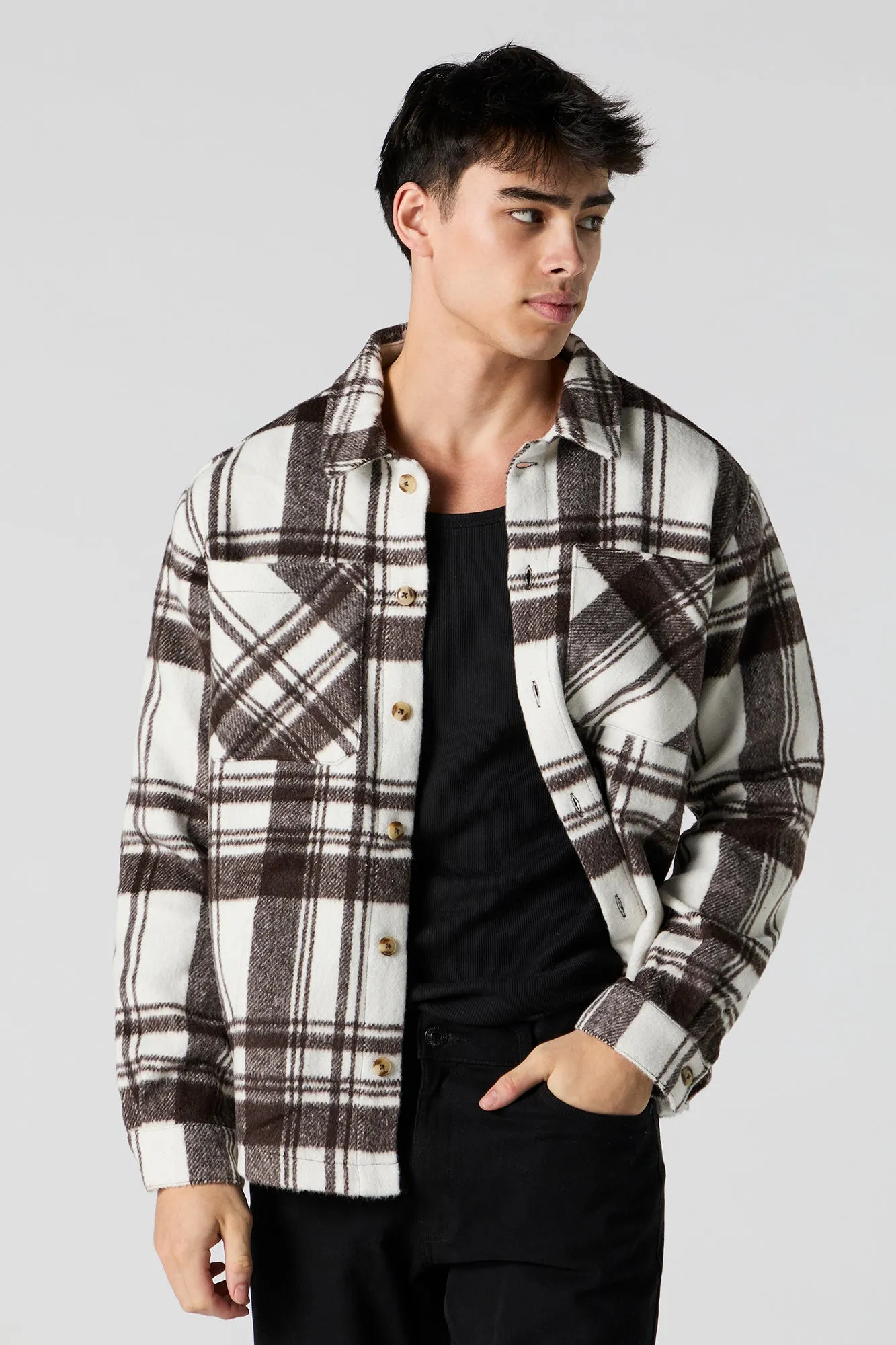 Faux Mohair Plaid Shacket sold by Urban Planet