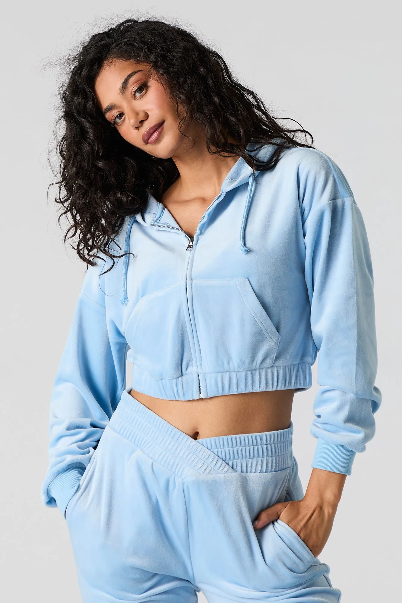 Velour Cropped Zip-Up Hoodie sold by Urban Planet