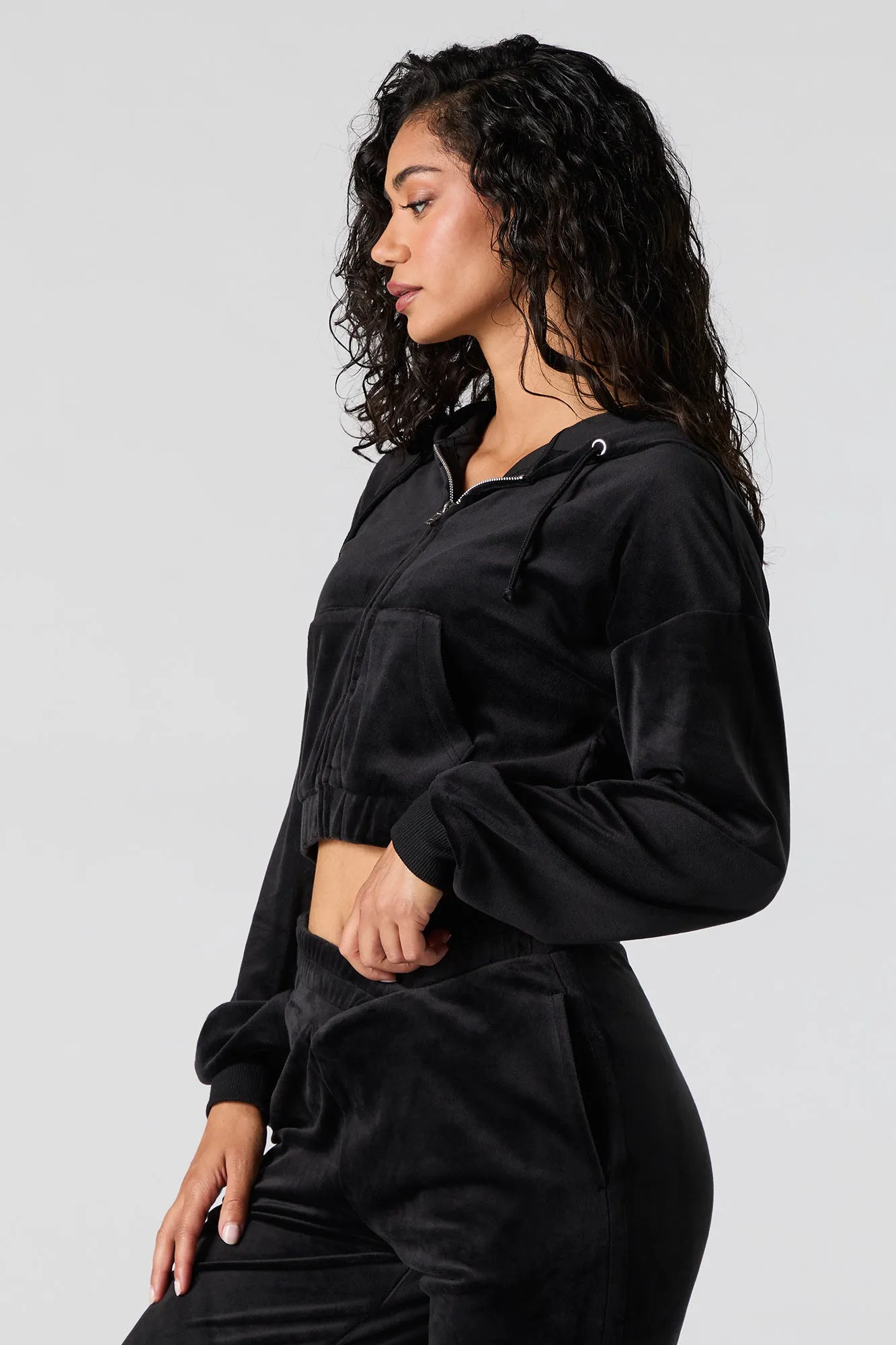 Velour Cropped Zip-Up Hoodie sold by Urban Planet product image thumbnail 4