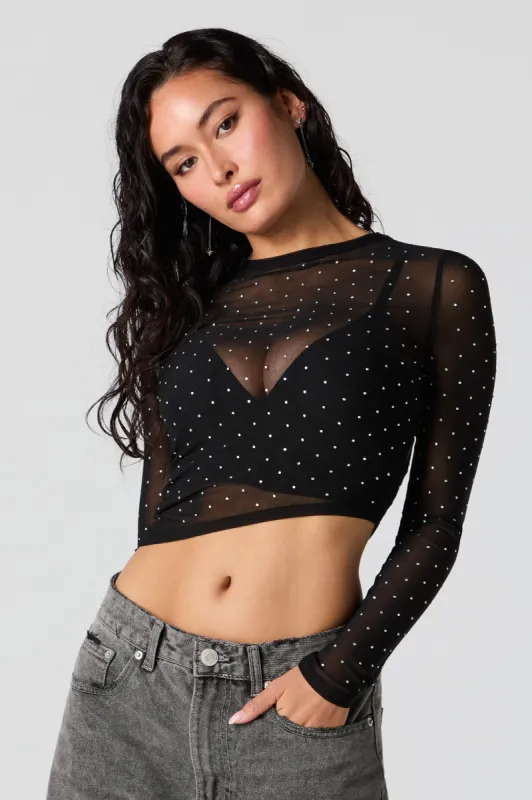 Rhinestone Mesh Cropped Long Sleeve Top sold by Urban Planet