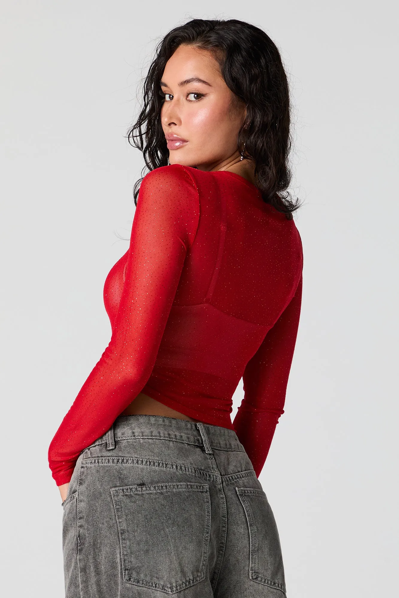 Rhinestone Mesh Cropped Long Sleeve Top sold by Urban Planet product image thumbnail 5