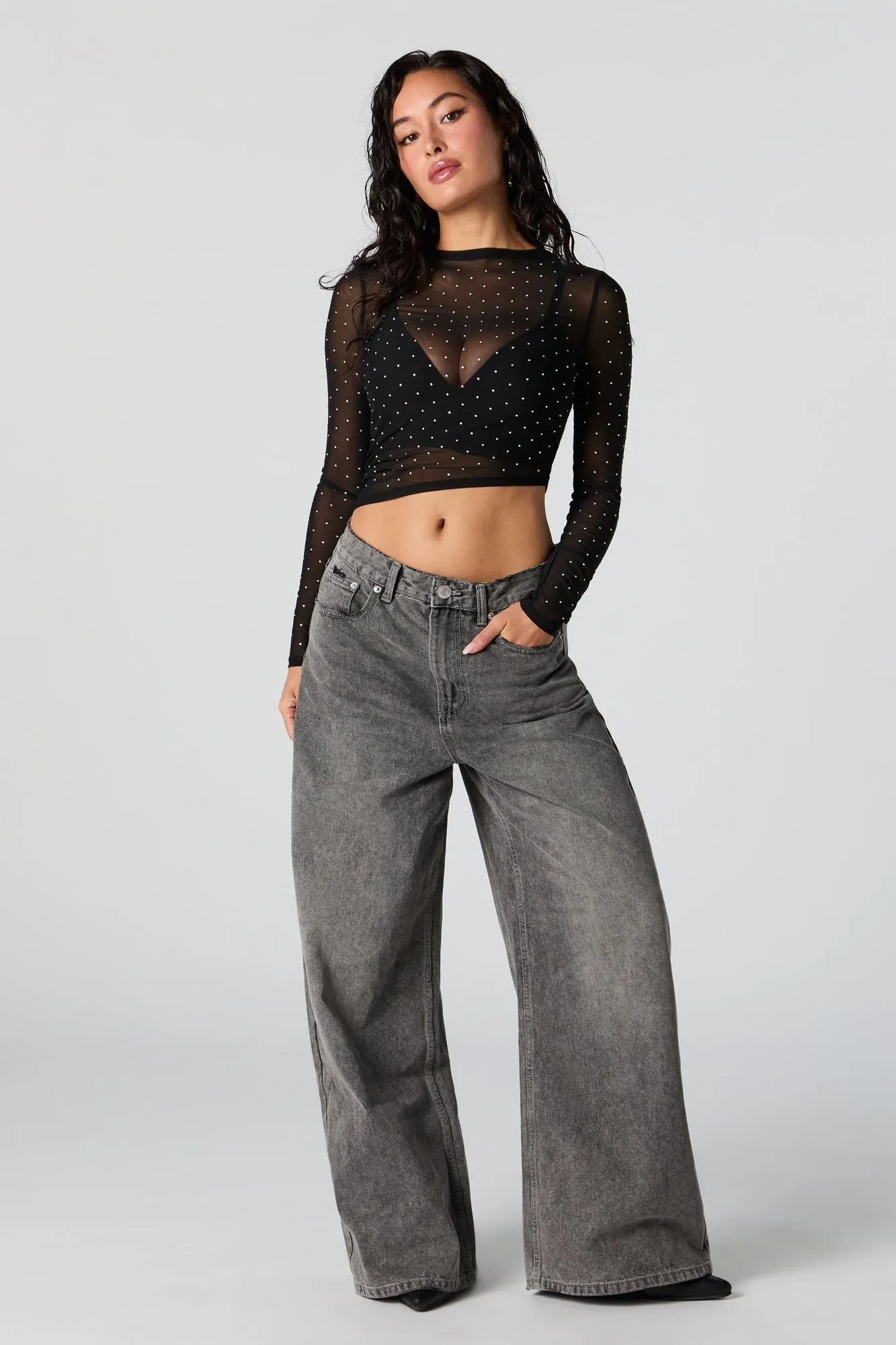 Rhinestone Mesh Cropped Long Sleeve Top sold by Urban Planet product image thumbnail 3