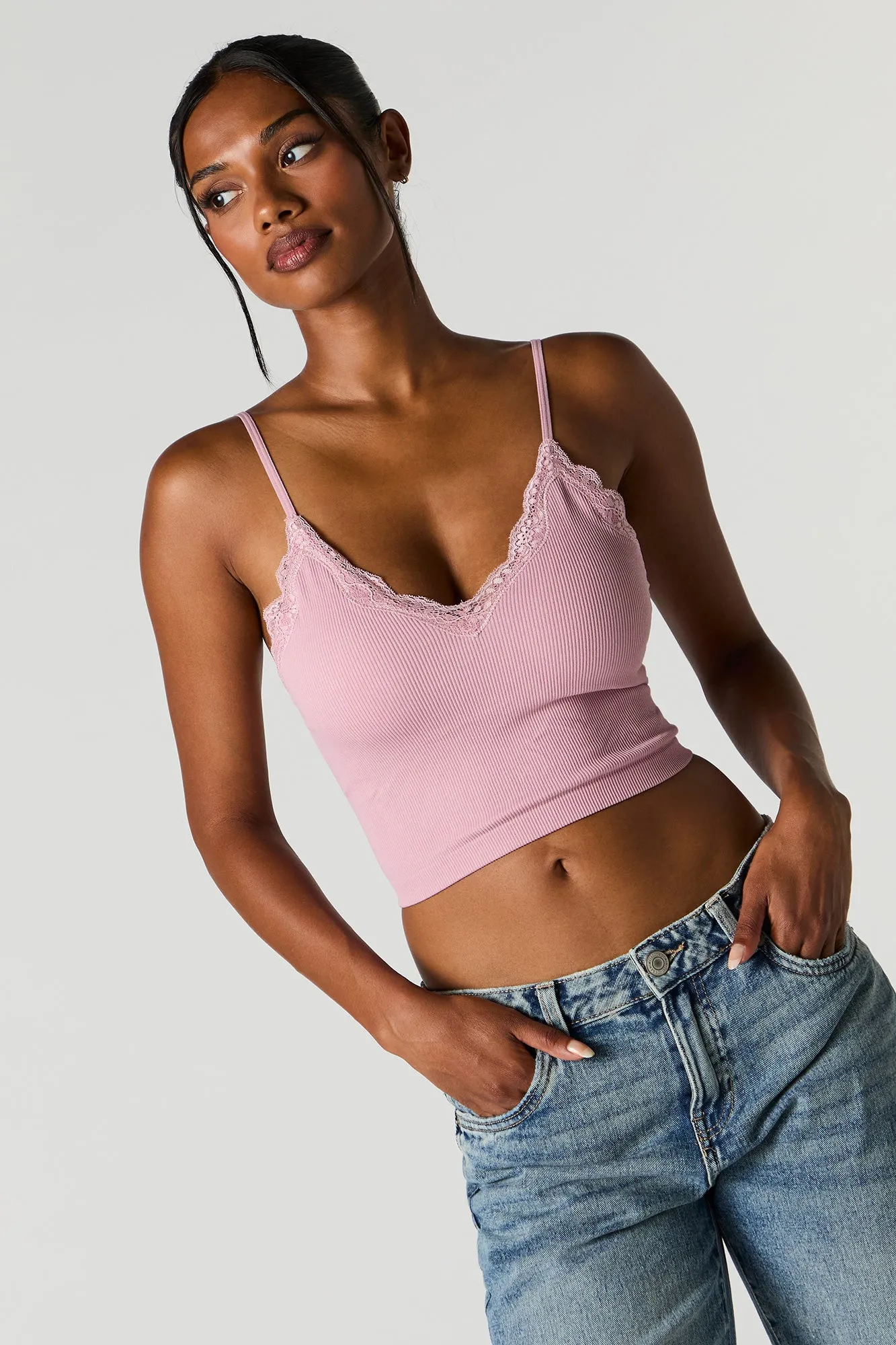 Seamless Ribbed Lace Trim Cami with Built-In Bra Cups sold by Urban Planet