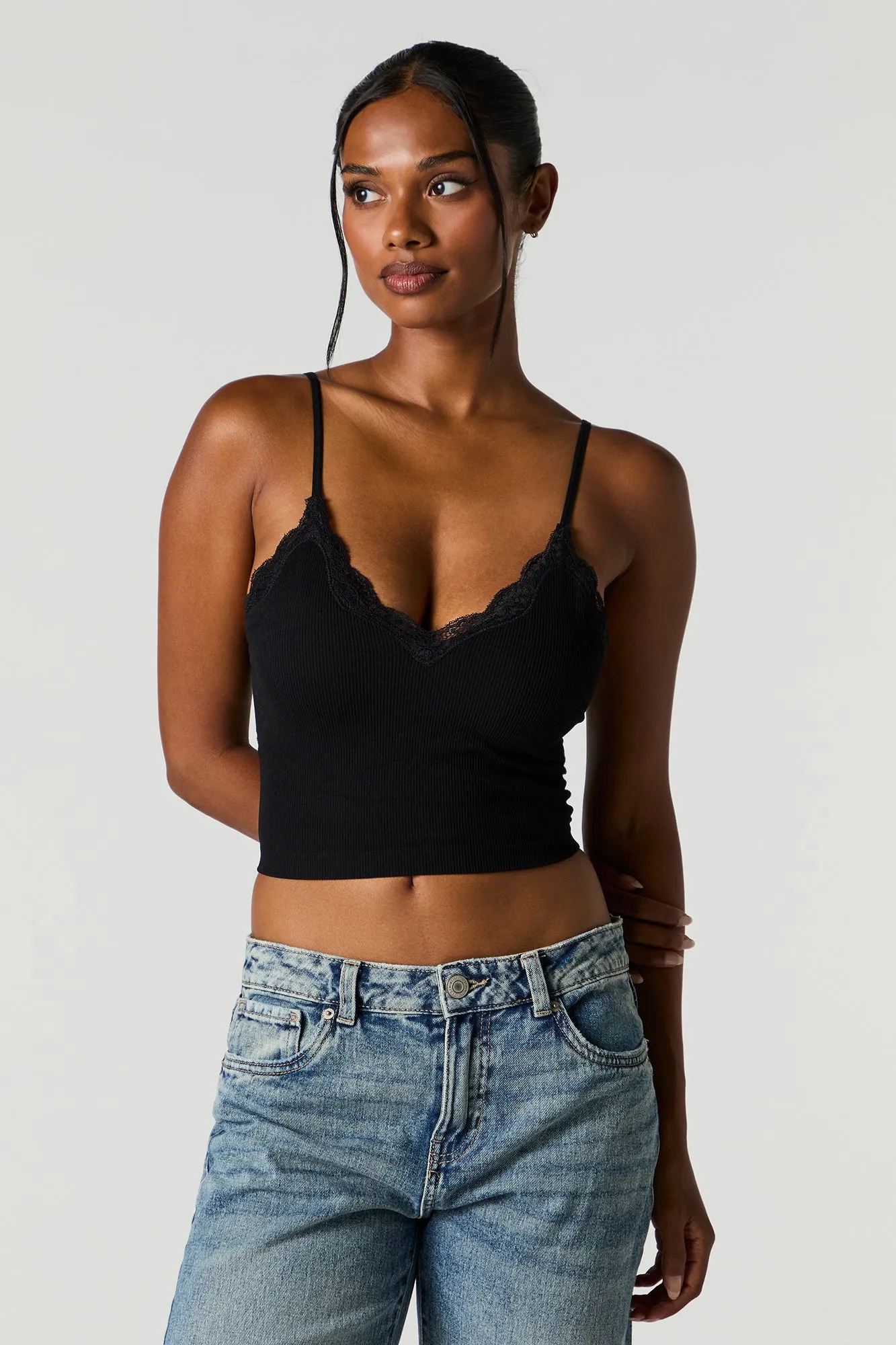Seamless Ribbed Lace Trim Cami with Built-In Bra Cups sold by Urban Planet product image thumbnail 4