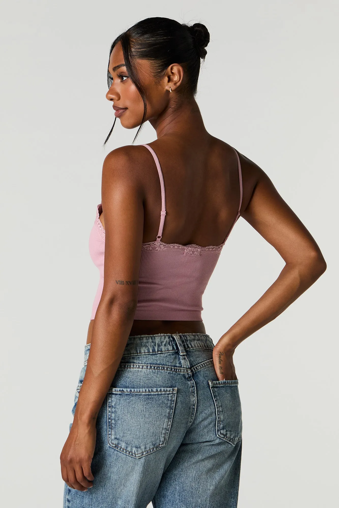 Seamless Ribbed Lace Trim Cami with Built-In Bra Cups sold by Urban Planet product image thumbnail 2